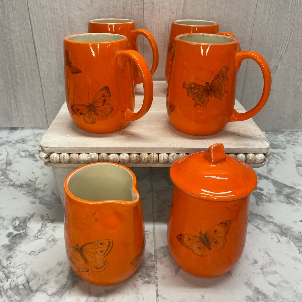 Vintage 1960’s MCM Cottage Core Butterfly Coffee Mugs & Creamer Sugar Bowl Set